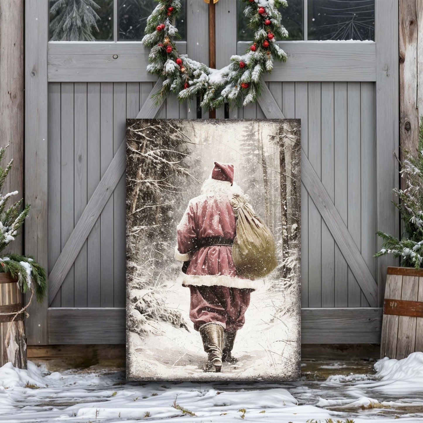 Vintage Santa in winter forest Christmas canvas wall art second design