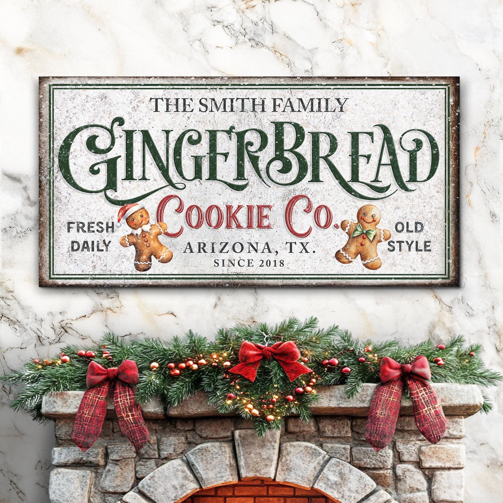 Family gingerbread bakery Christmas canvas sign II with warm holiday baking imagery