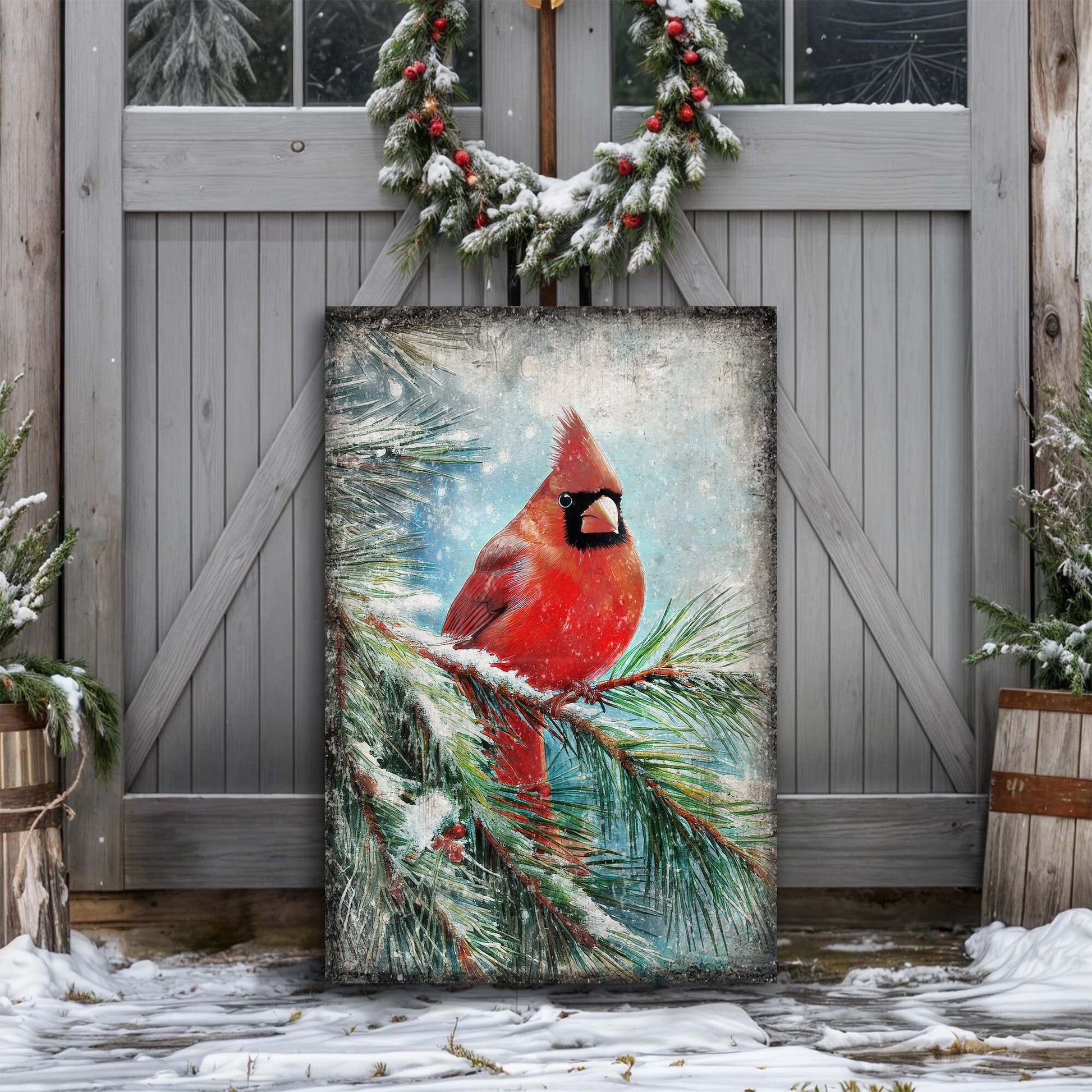 Vintage Cardinal Christmas canvas wall art, red cardinal bird in snowy holiday scene