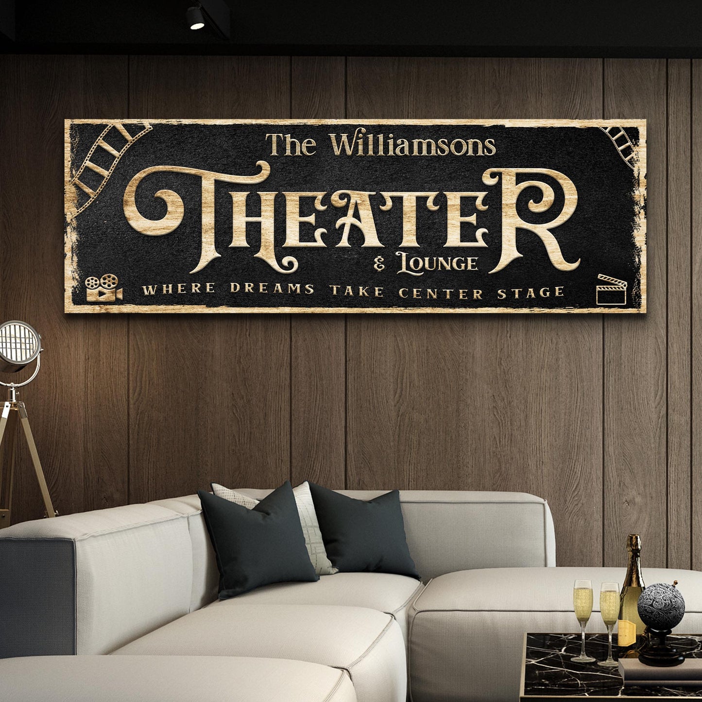 Theater room canvas wall art sign VI tall dramatic typography for vaulted ceilings, gallery-wrapped