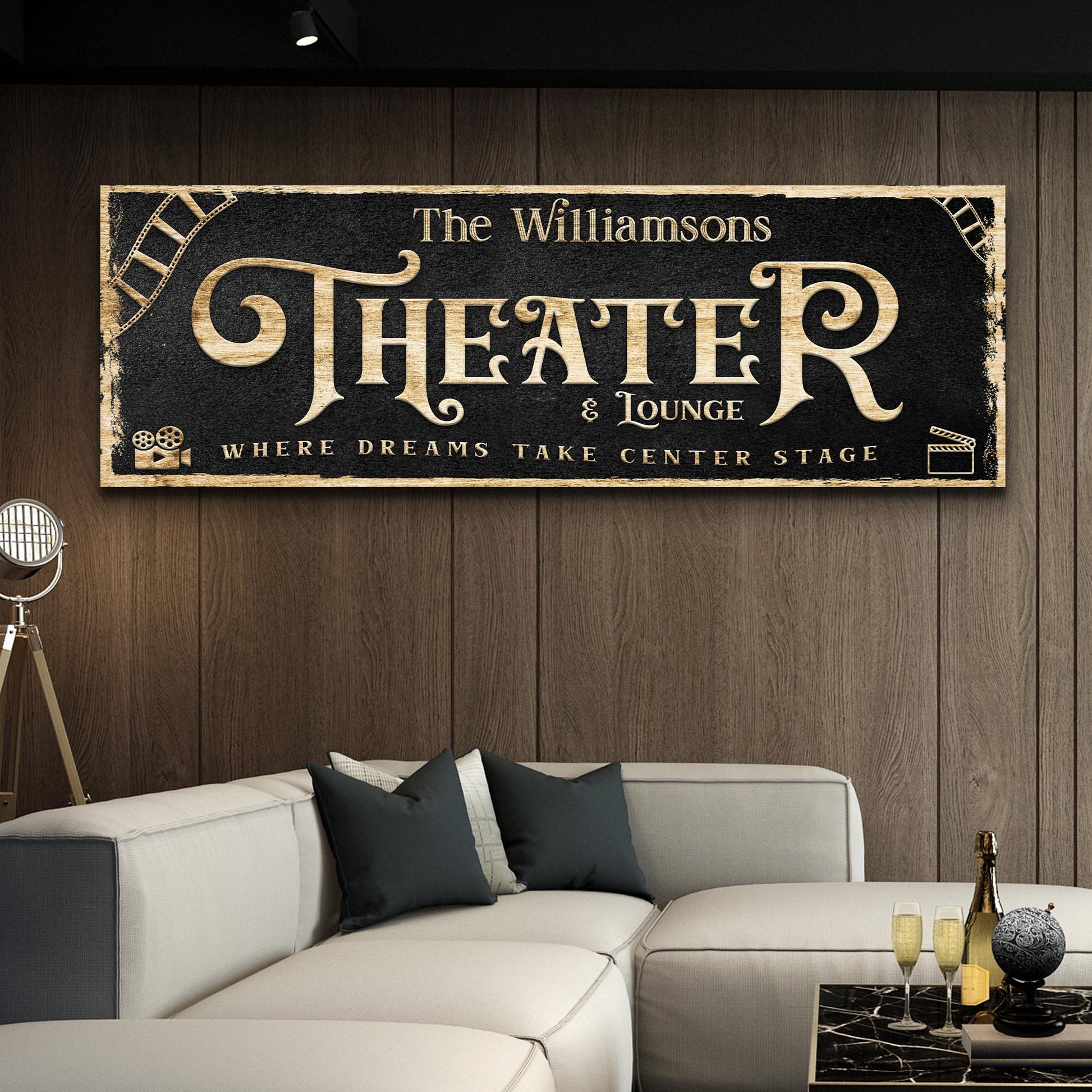 Theater room canvas wall art sign VI tall dramatic typography for vaulted ceilings, gallery-wrapped