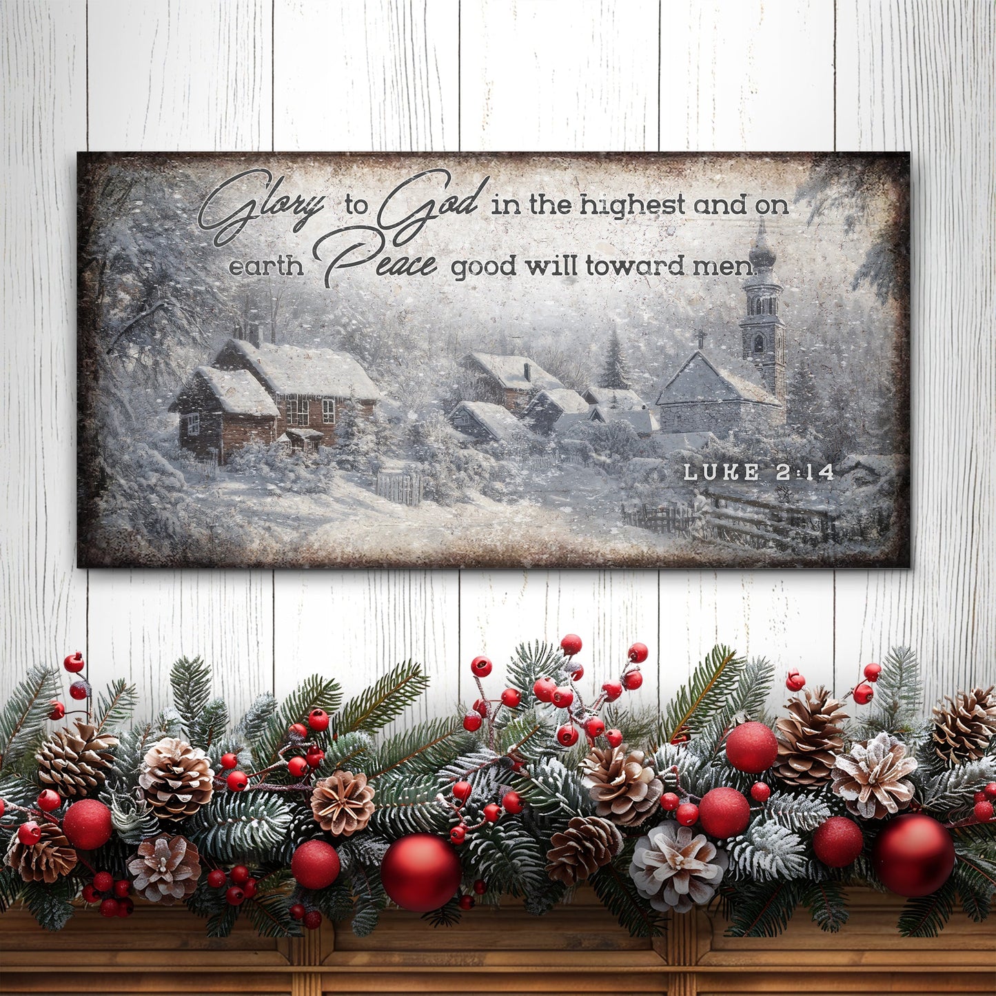 Vintage Christmas Village Luke 2:14 Scripture Canvas