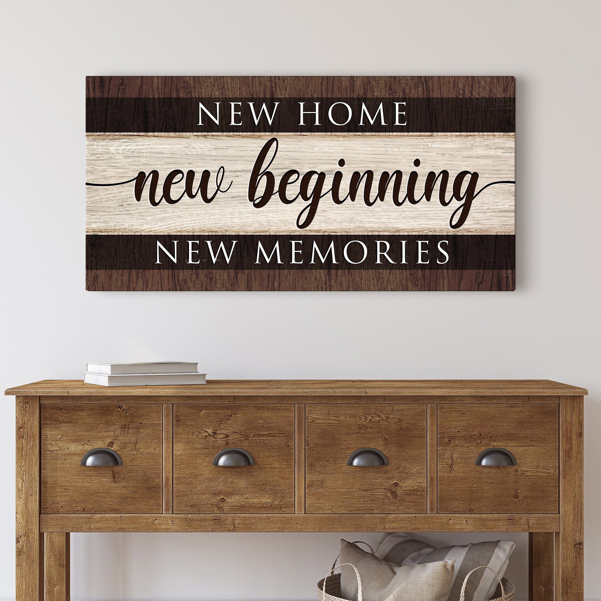 New Home New Beginning New Memories canvas wall sign for entryways