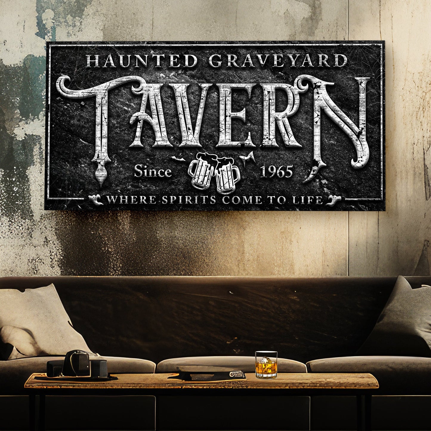 Haunted Graveyard Tavern Halloween Canvas Wall Art
