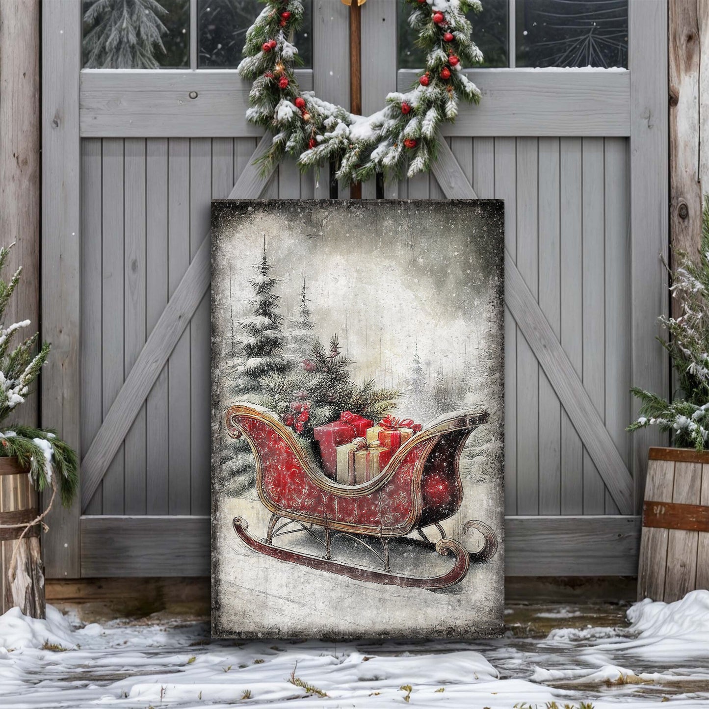 Vintage Christmas Sleigh Sled canvas wall art VI, soft winter light sleigh scene illustration