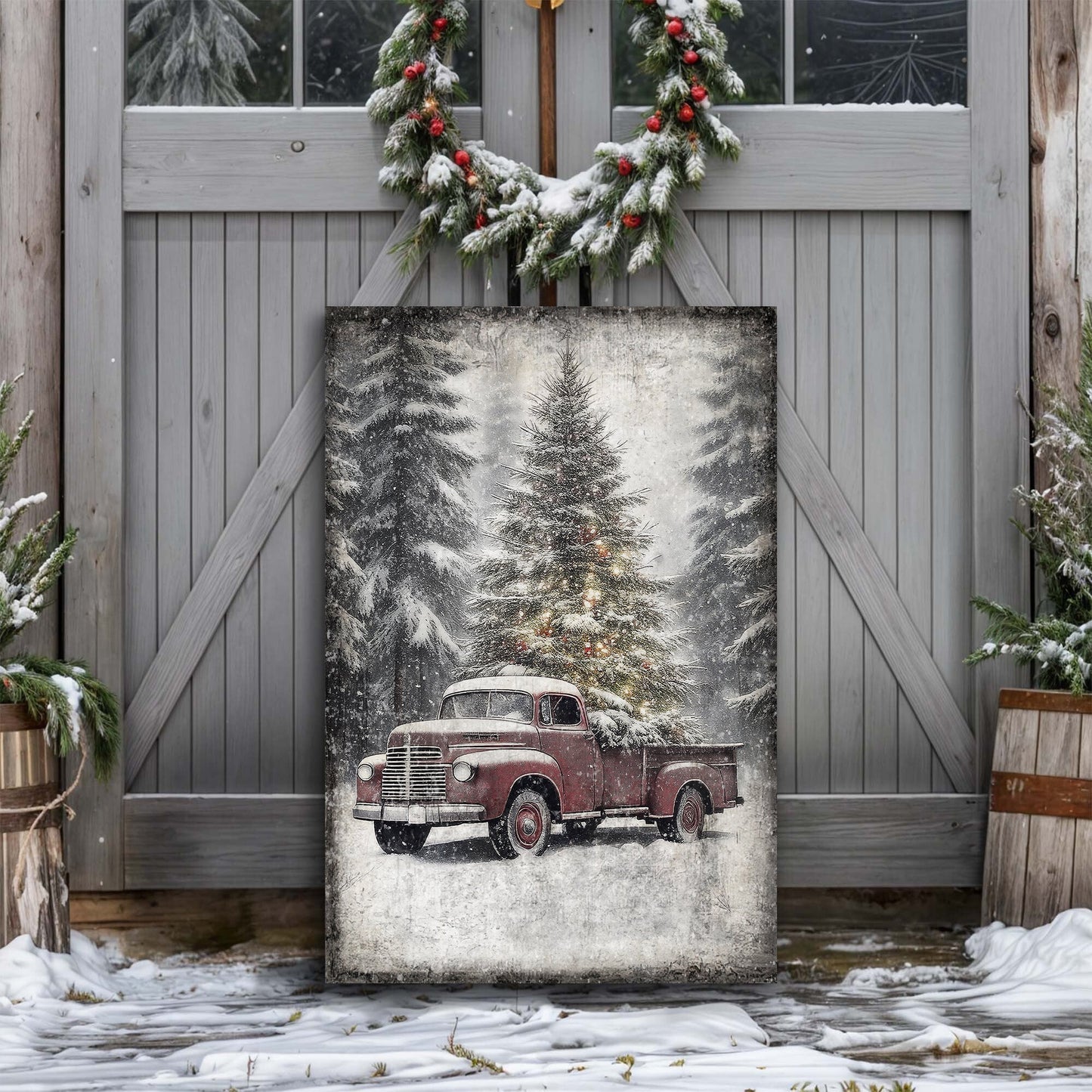 Vintage Truck With Christmas Tree Canvas Wall Art III
