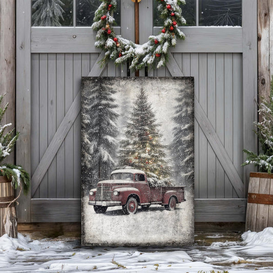 Vintage Truck With Christmas Tree Canvas Wall Art III
