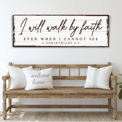 2 Corinthians 5:7 I Will Walk by Faith script canvas shown in a styled room setting, view 2