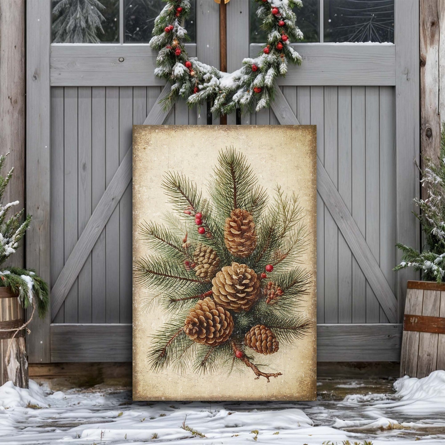 Vintage Winter Pine Cone Canvas Wall Art III