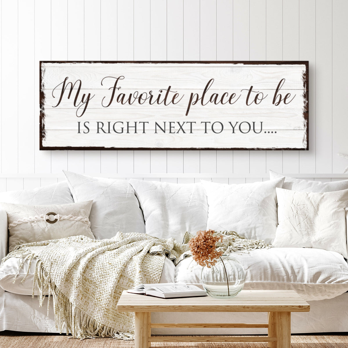 My Favorite Place to Be Is Right Next to You Rustic canvas shown in a styled room setting, view 2