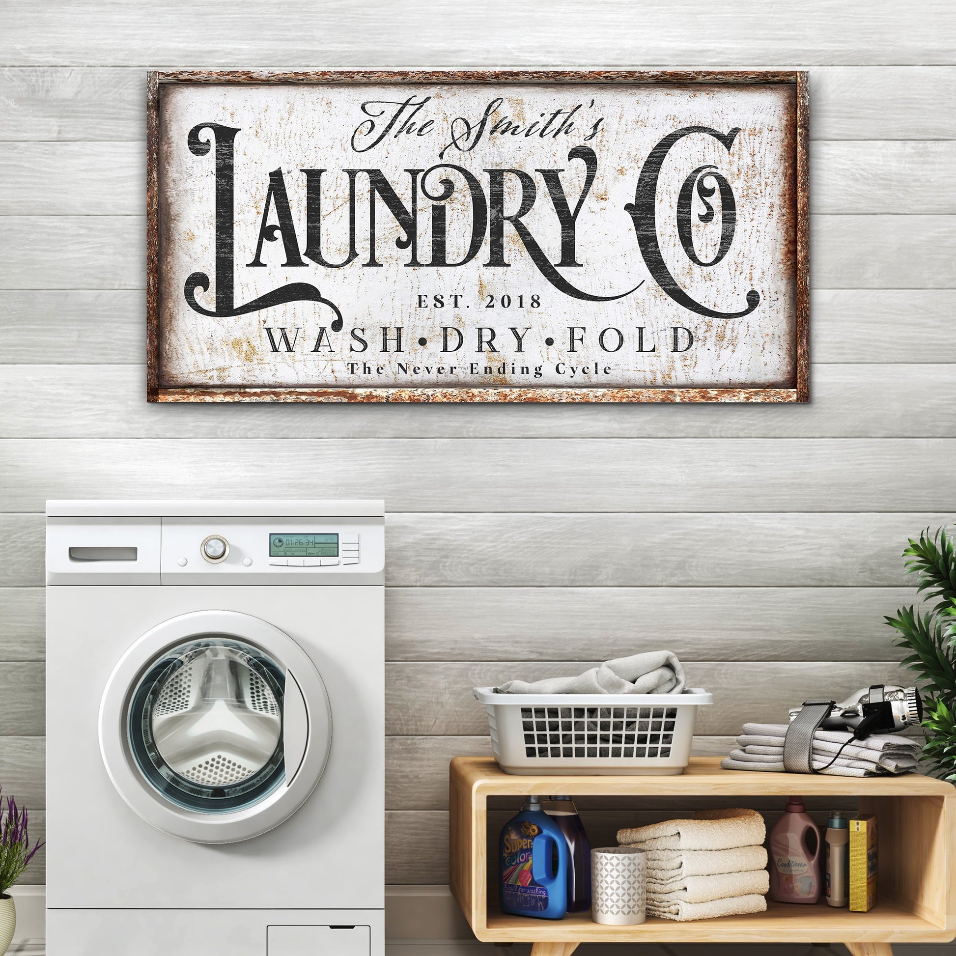 Never-ending cycle laundry room canvas wall art with humorous typography, gallery-wrapped