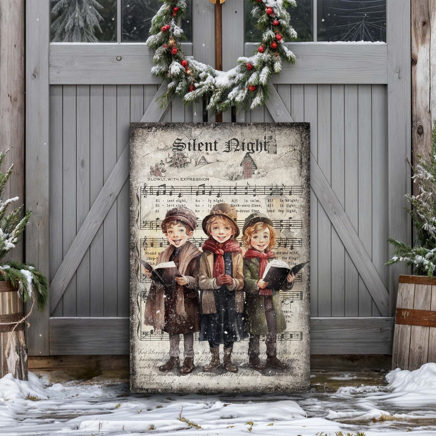 Vintage Christmas Carolers canvas wall art III, warm illustrated carolers in winter setting
