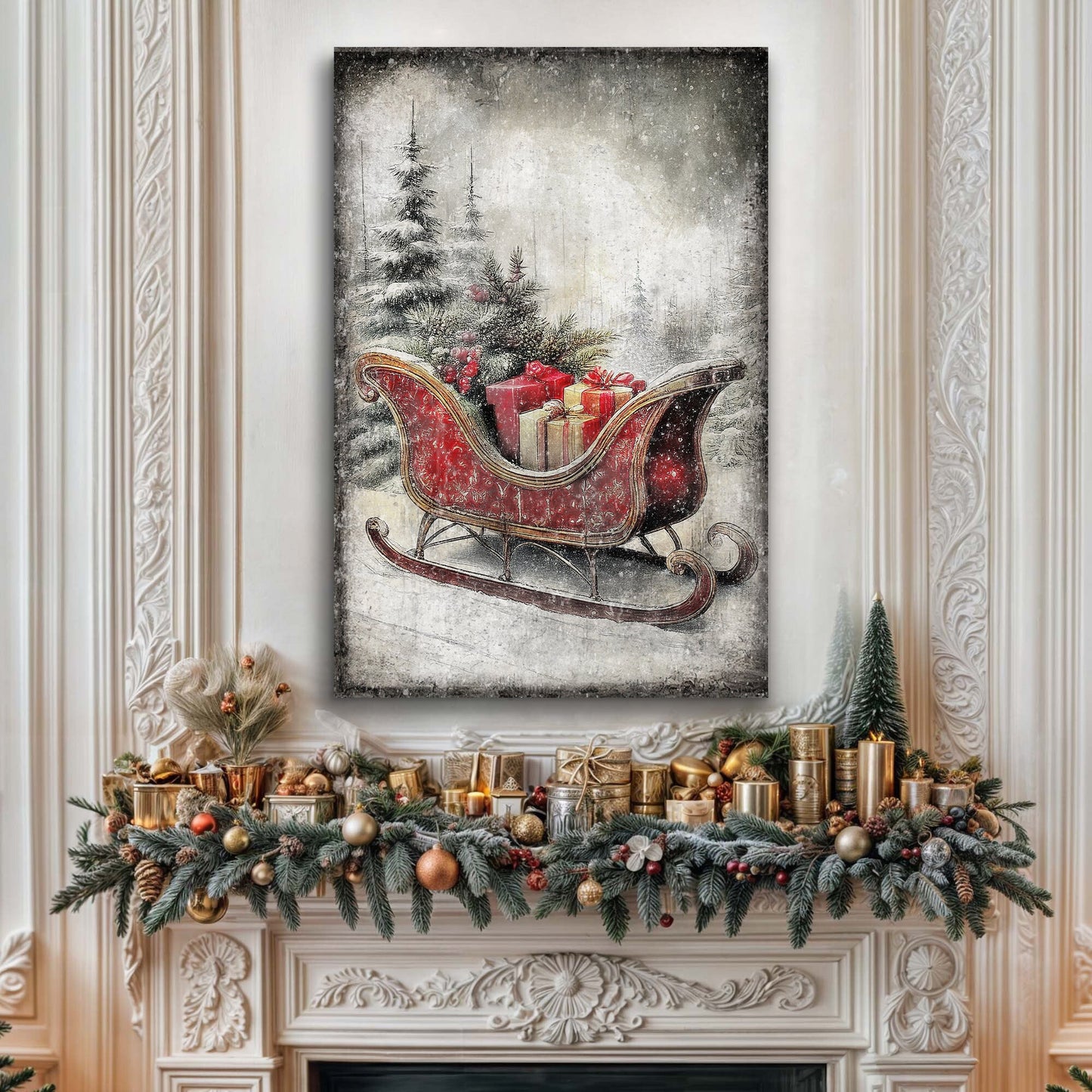 Vintage Christmas Sleigh Sled Canvas Wall Art