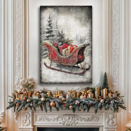 Red Sleigh With Gold Gifts canvas shown in a styled room setting, view 2
