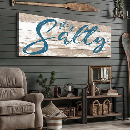 Stay Salty Flowing Teal Script Beach House canvas shown in a styled room setting, view 3