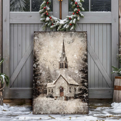 Vintage church Christmas canvas wall art with a cozy seasonal scene, ready to hang