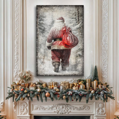 Santa With Red Sack in Snow canvas shown in a styled room setting, view 2