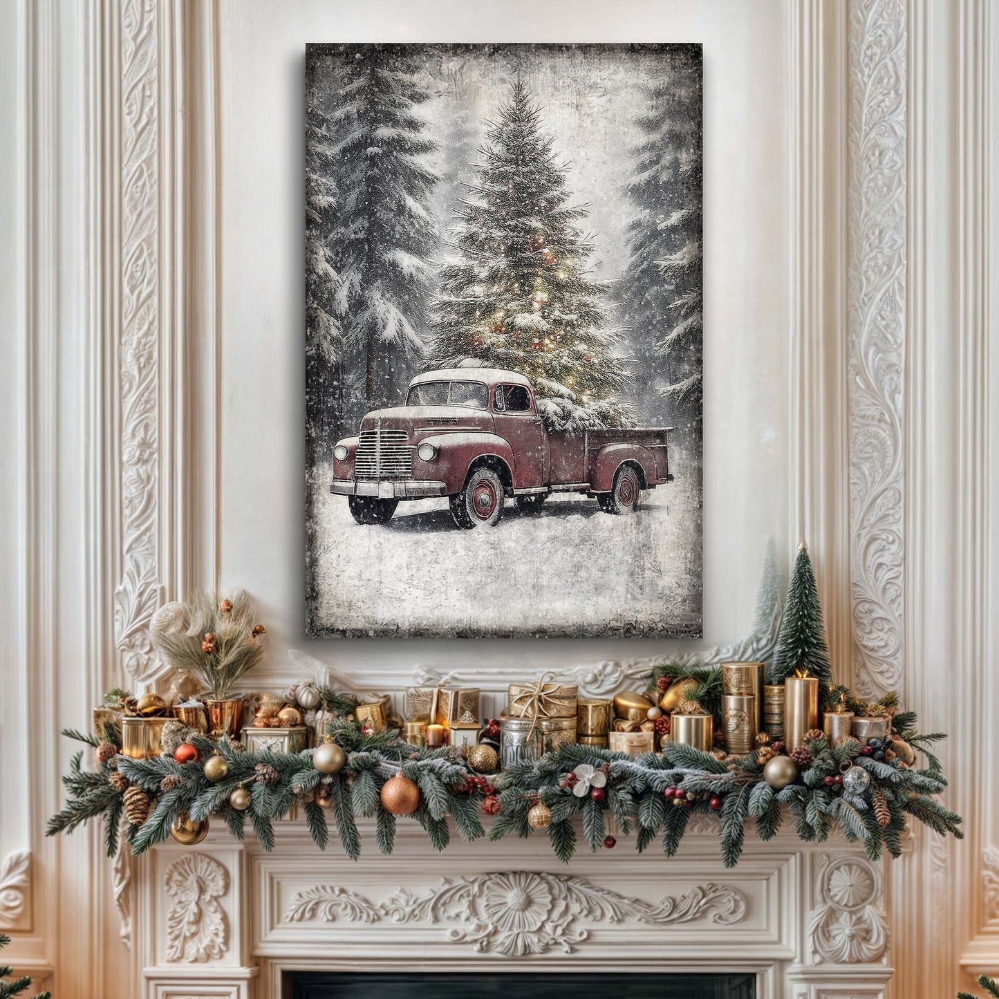 Vintage Truck With Christmas Tree Canvas Wall Art III