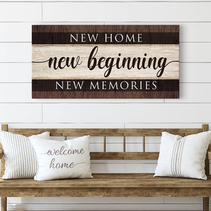 New Home New Beginning Brown Banded Plank-Look canvas shown in a styled room setting, view 3