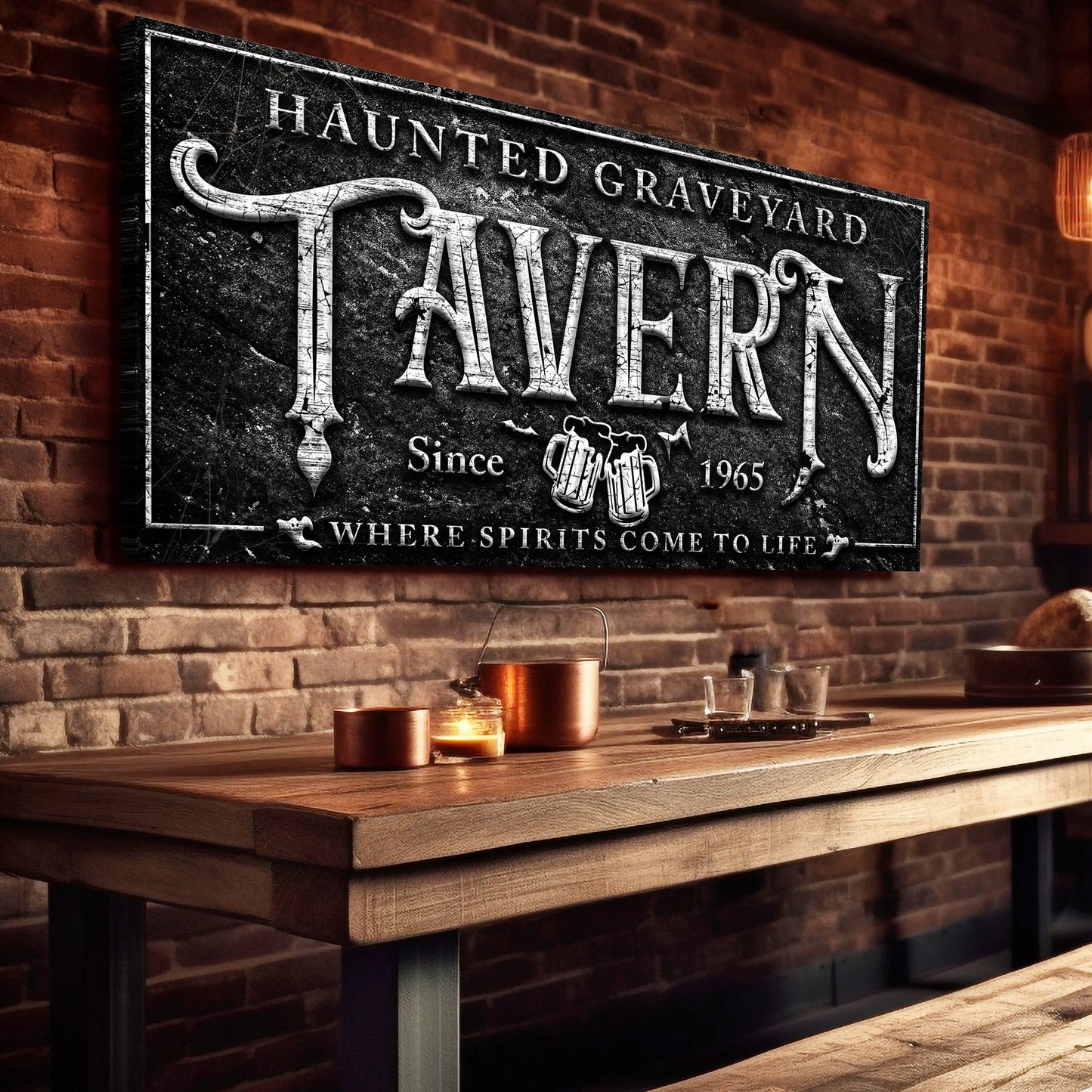 Haunted Graveyard Tavern Halloween Canvas Wall Art