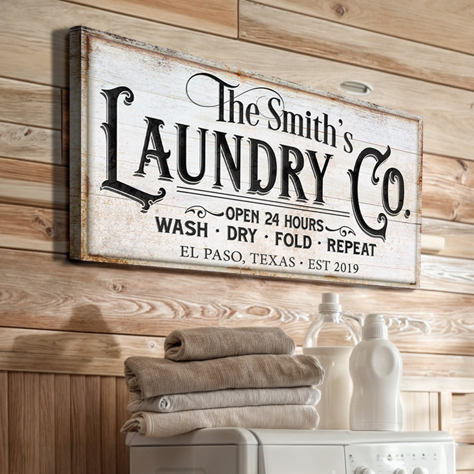 Laundry room canvas wall art IX with humorous laundry quote, gallery-wrapped, ready to hang