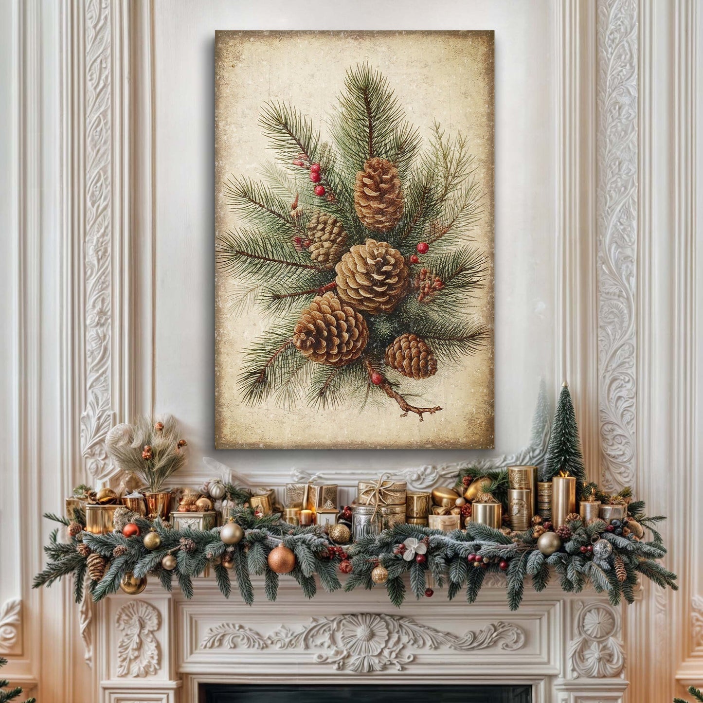Vintage winter pine cone canvas wall art III, earthy botanical pine cones on premium canvas