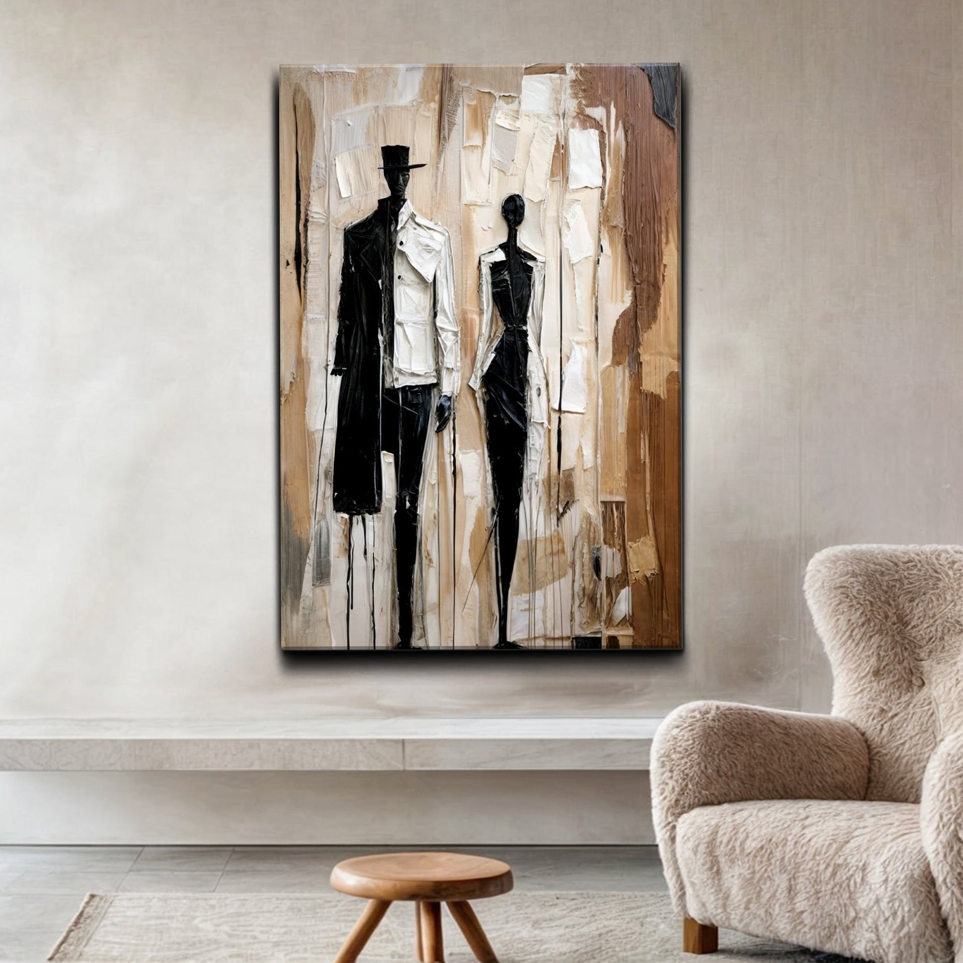 Black and white abstract couple canvas wall art with minimalist figurative design