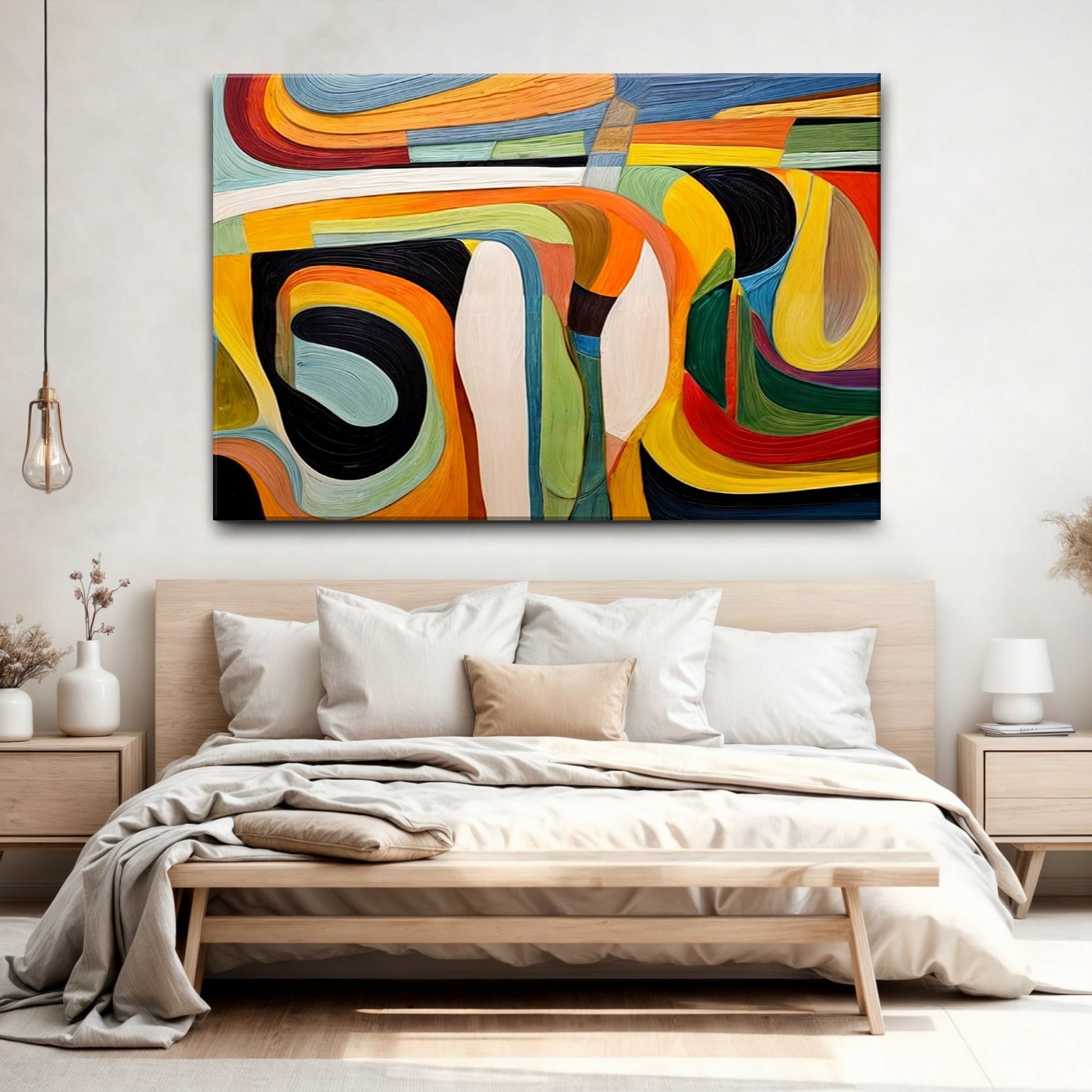 Vibrant abstract canvas wall art with bold colorful swirls and dynamic flowing composition
