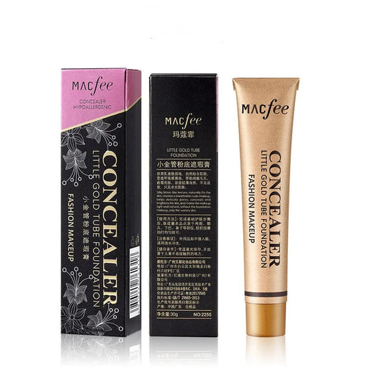 MACfee Little Gold Tube foundation concealer with retail box packaging