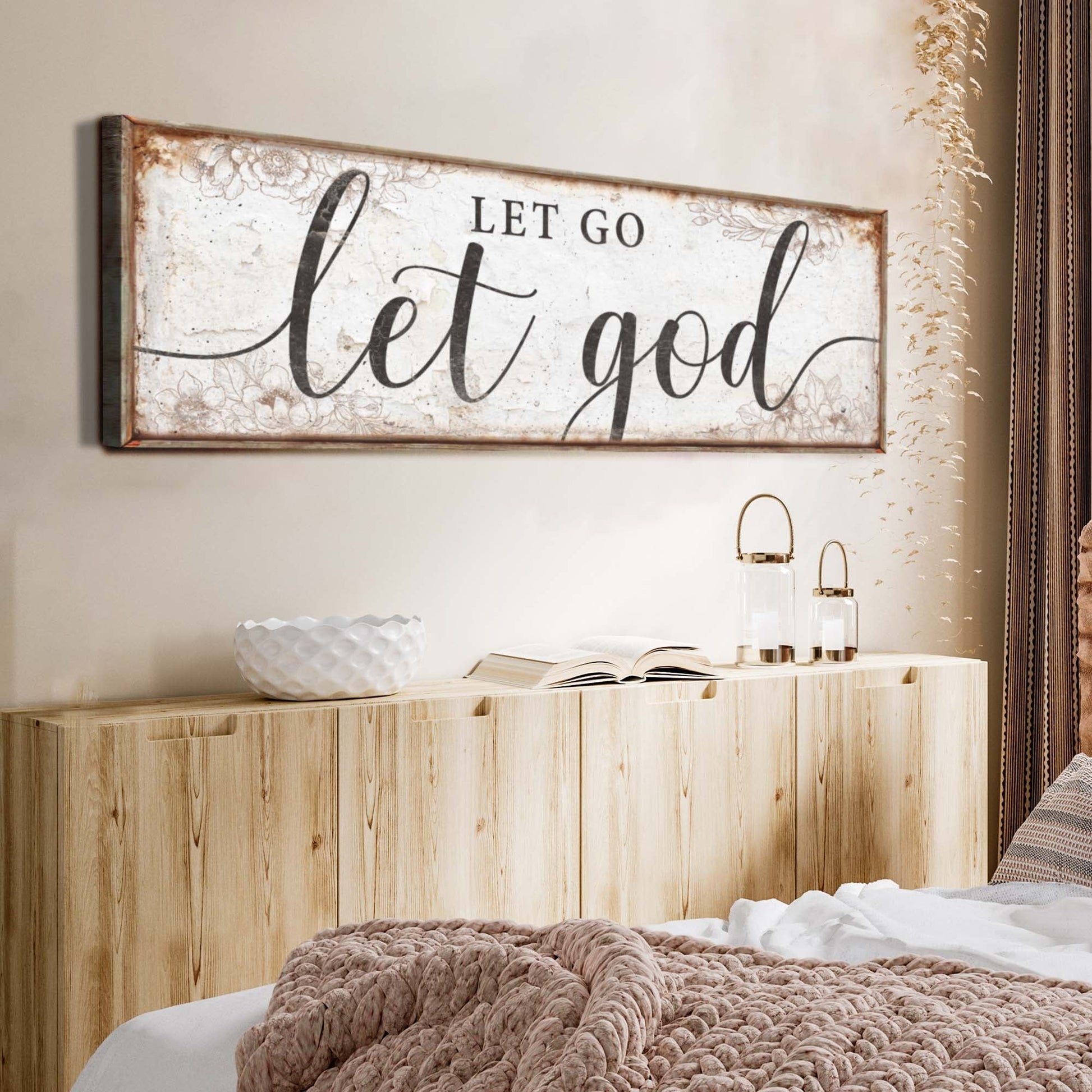 Let Go Let God faith canvas sign V as Christian gift idea with vertical typography