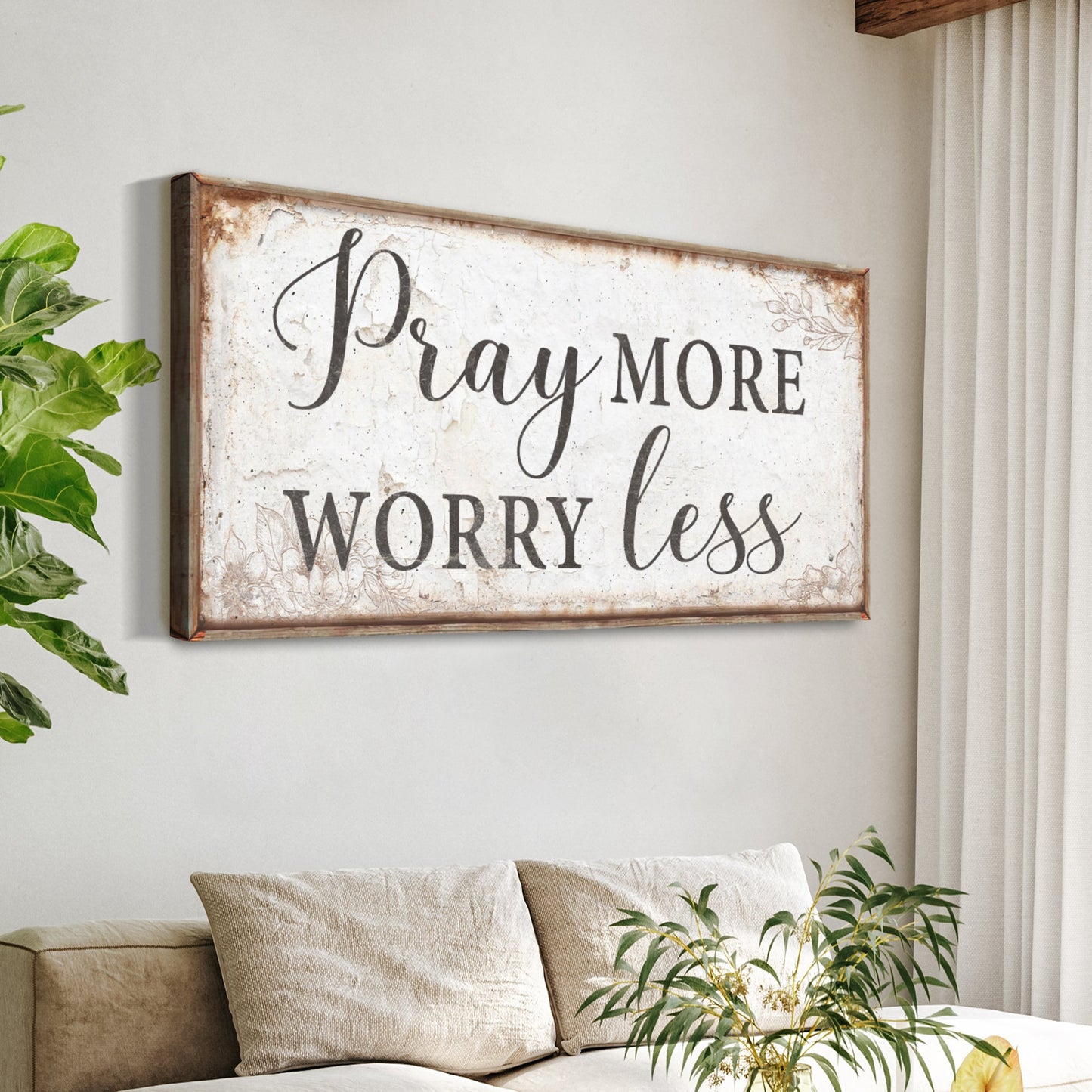 Pray More Worry Less faith canvas wall art — inspirational Christian scripture decor