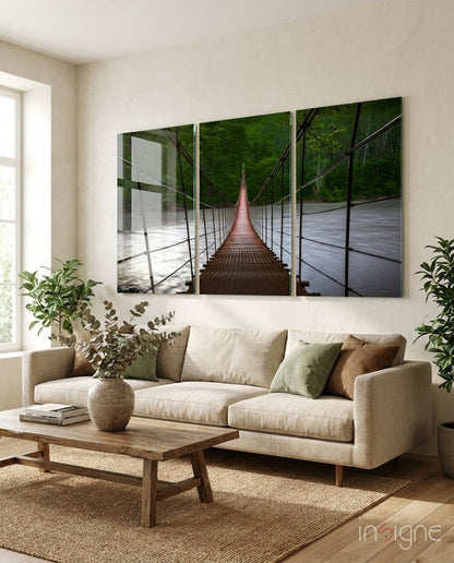 Suspension bridge glass wall art with bold architectural print and glossy finish