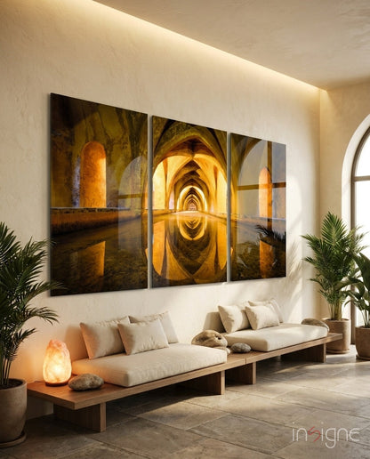 Columns glass wall art above living room console