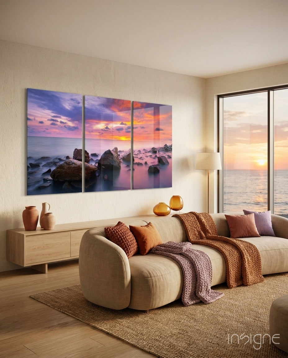 Red sunset glass wall art with warm sky print and glossy tempered glass finish