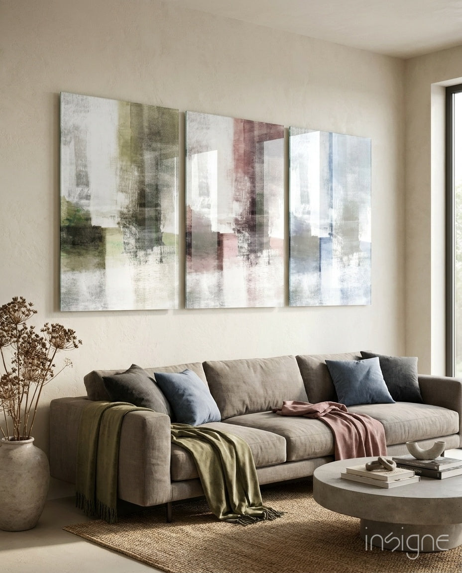Pastel colors abstract glass wall art print hanging on a wall