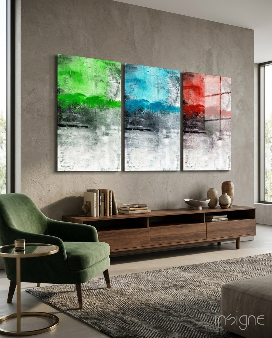 Colors abstract glass wall art print hanging on a wall