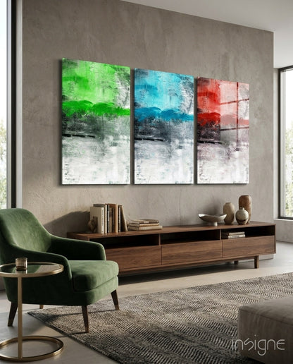 Colors abstract glass wall art print hanging on a wall