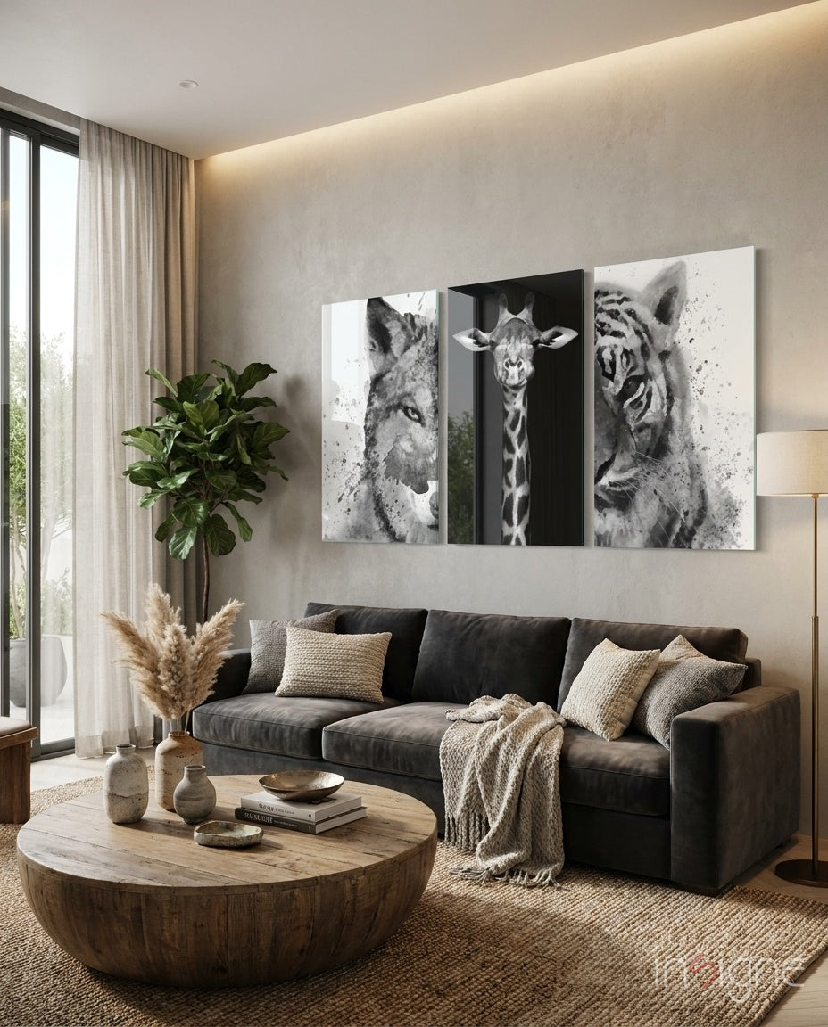Animals Mega three-panel wildlife glass wall art set on tempered glass