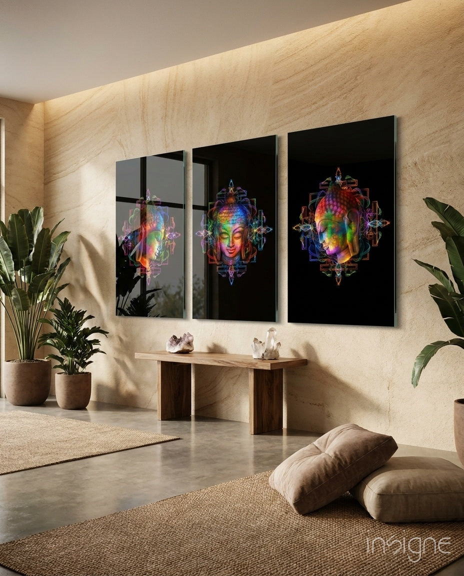 Buddha glass wall art on living room wall