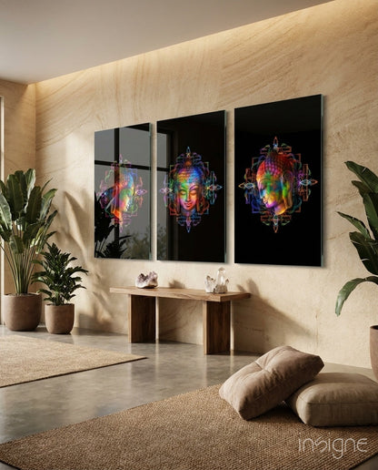 Buddha glass wall art on living room wall