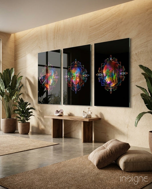 Buddha glass wall art on living room wall