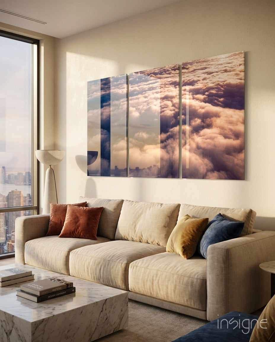 Above the clouds glass wall art on living room wall