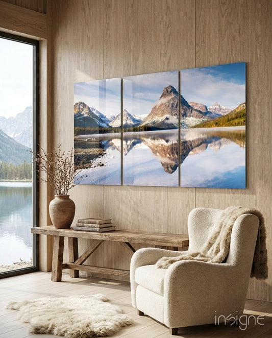 Three panel mountain peak panorama landscape glass wall art set