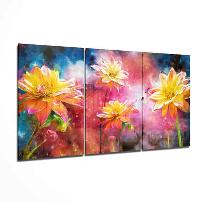 Golden flowers 3-piece glass wall art floral set
