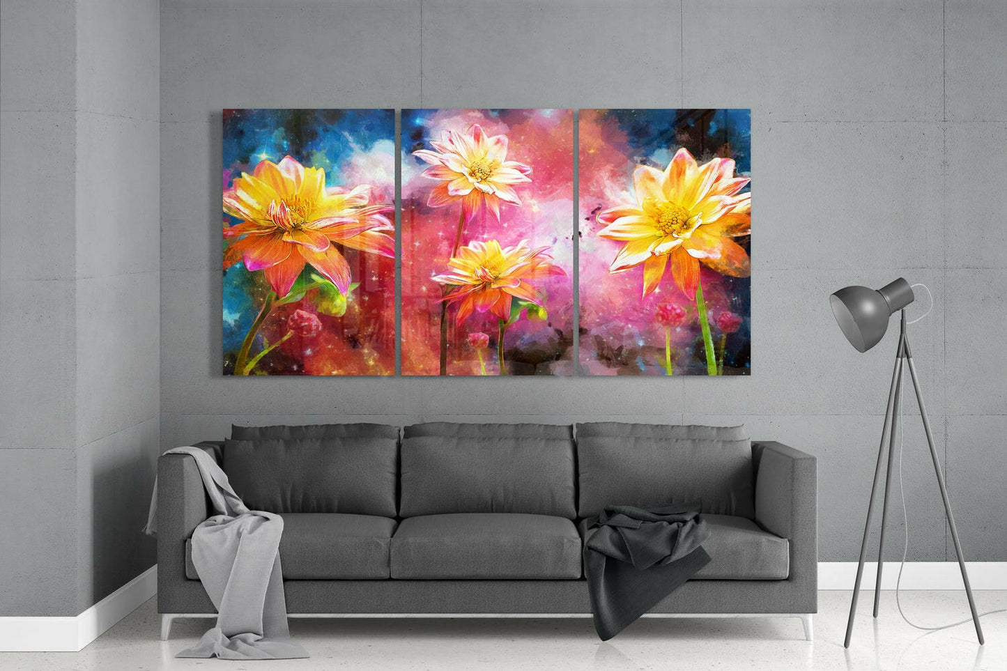 Golden Flowers 3-Piece Glass Wall Art