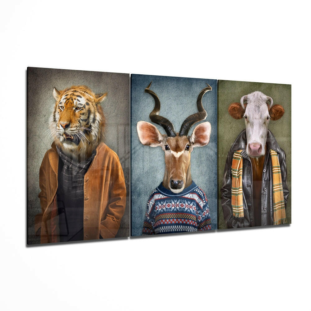 Animal Heads Mega three-panel wildlife glass wall art set on tempered glass