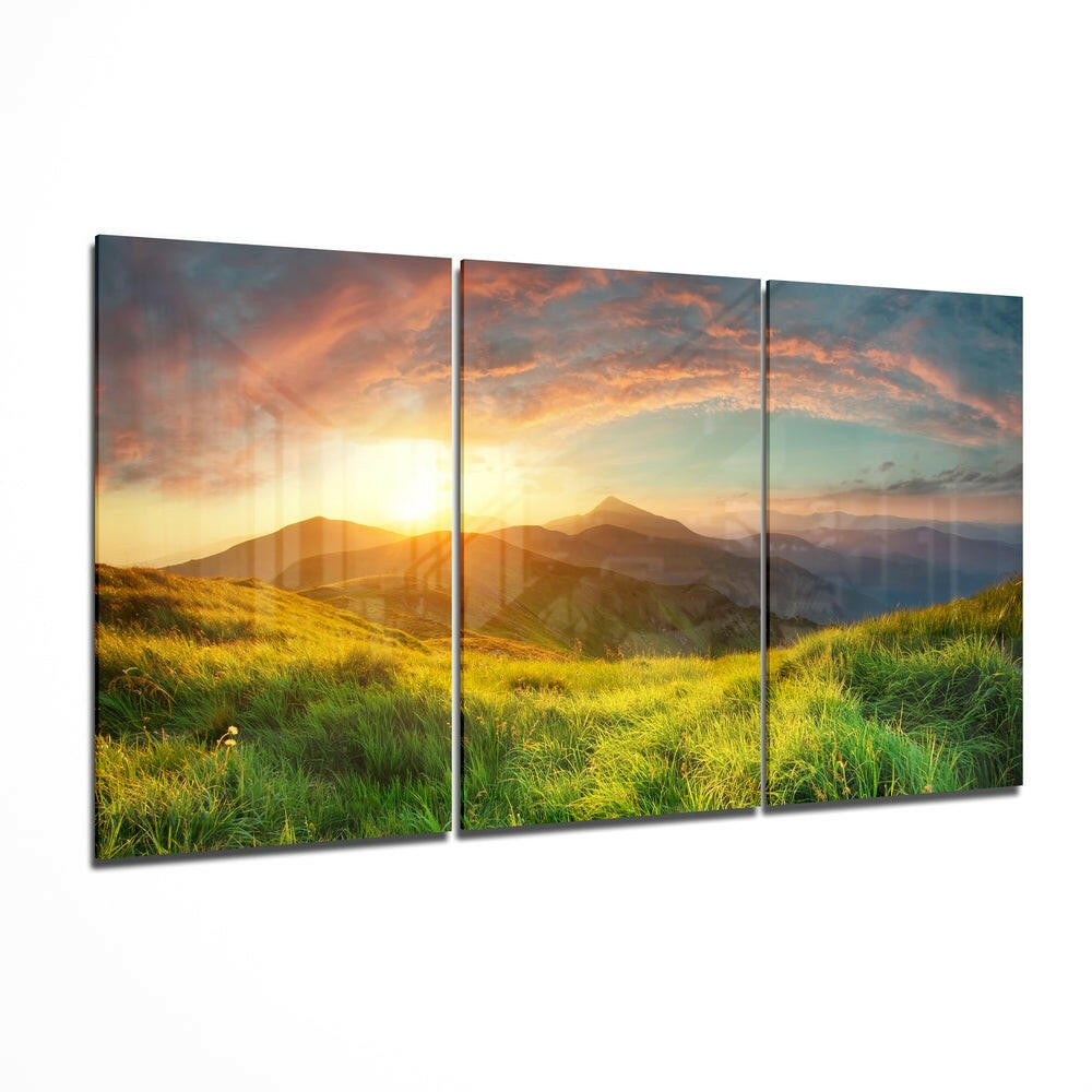 Sunset in the Countryside glass wall art above sofa