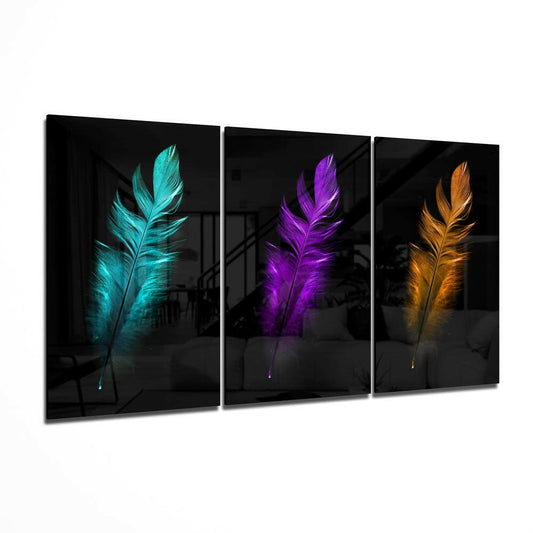 Bird feathers 3-panel glass wall art - vibrant feathers multi-panel tempered glass, up to 107 inches wide