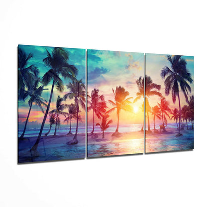 Palm leaf glass wall art with tropical boho print and glossy tempered glass finish