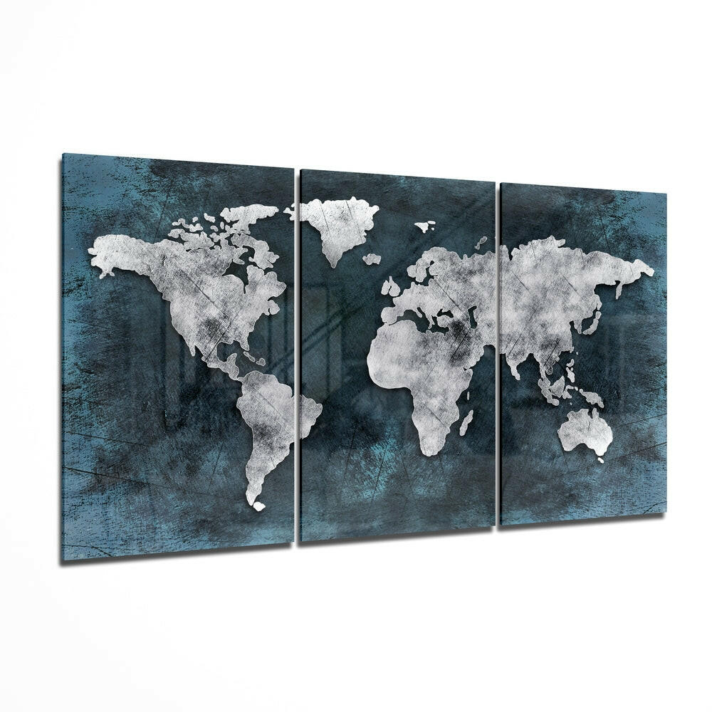 World Map Mega Glass Wall Art three panel